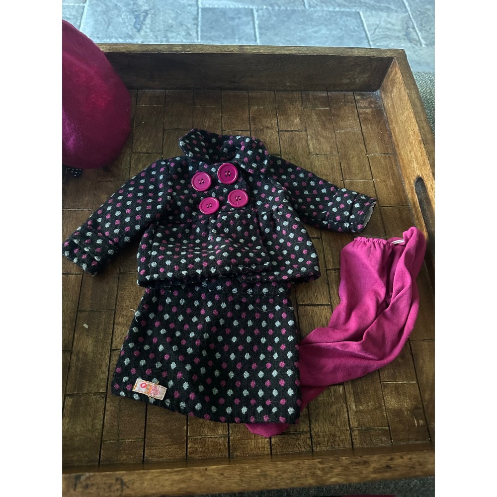Our‎ Generation OH My POSH Outfit Polka Dot Coat Skirt Hat Scarf Pink Gray vntg